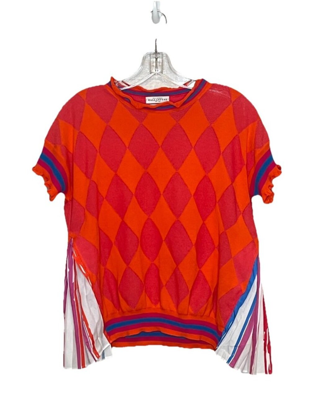 Ballantyne Italy Women's Argyle Knit Top Orange Pink Pleated Side Panels Sz M